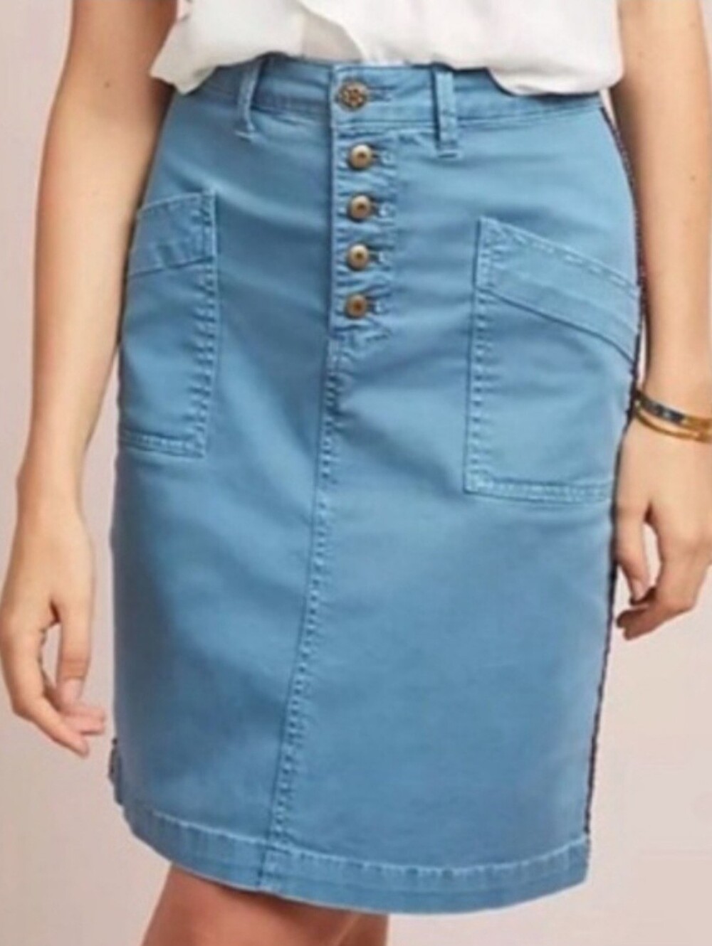 Pilcro and the Letterpress Teal Button-Front Chino Denim Pencil Skirt